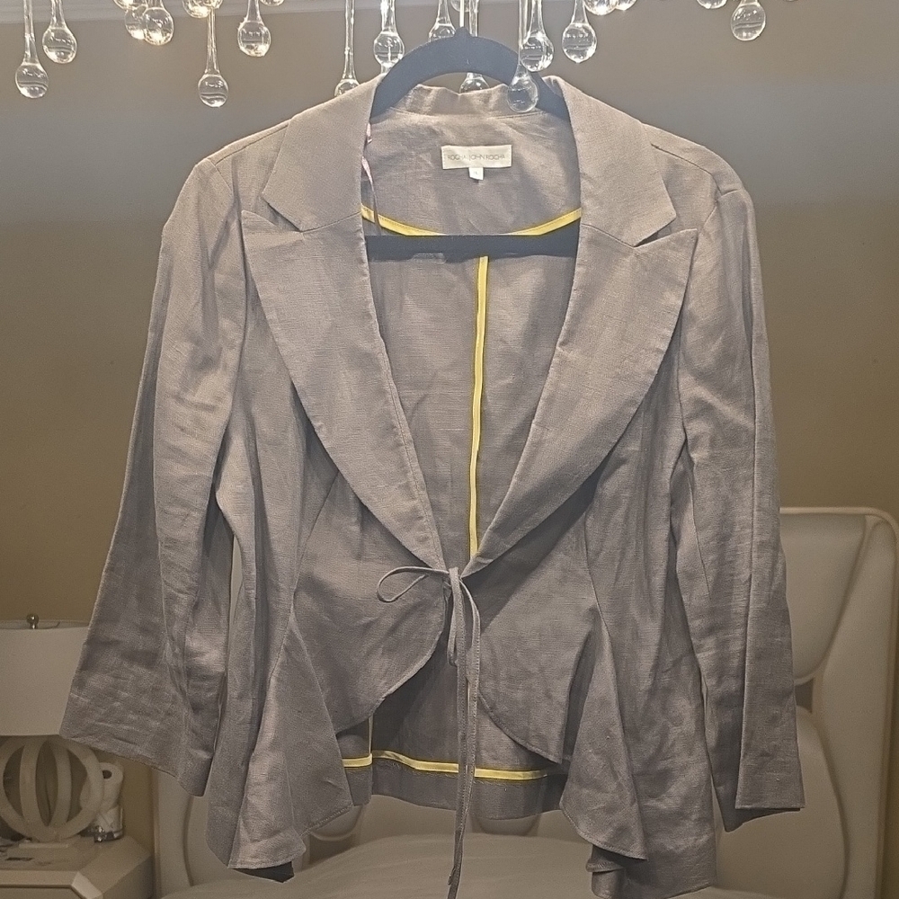 Rocha John Rocha Gray Linen Open Front Blazer with a Flowy Front  42 EU 10-12 US